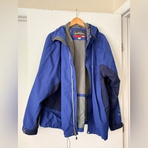 Eddie Bauer Men's Navy/Gray Raincoat. Size XL. Long-sleeved. Hood. Big pockets